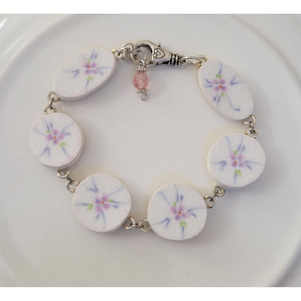 Broken China Pastel Pink and Blue Floral Bracelet - Adjustable